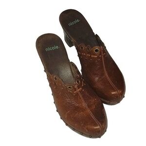 NICOLE  Women's Leather and‎ wood clogs 9 Brown Bohemian Boho Chic Sexy Retro